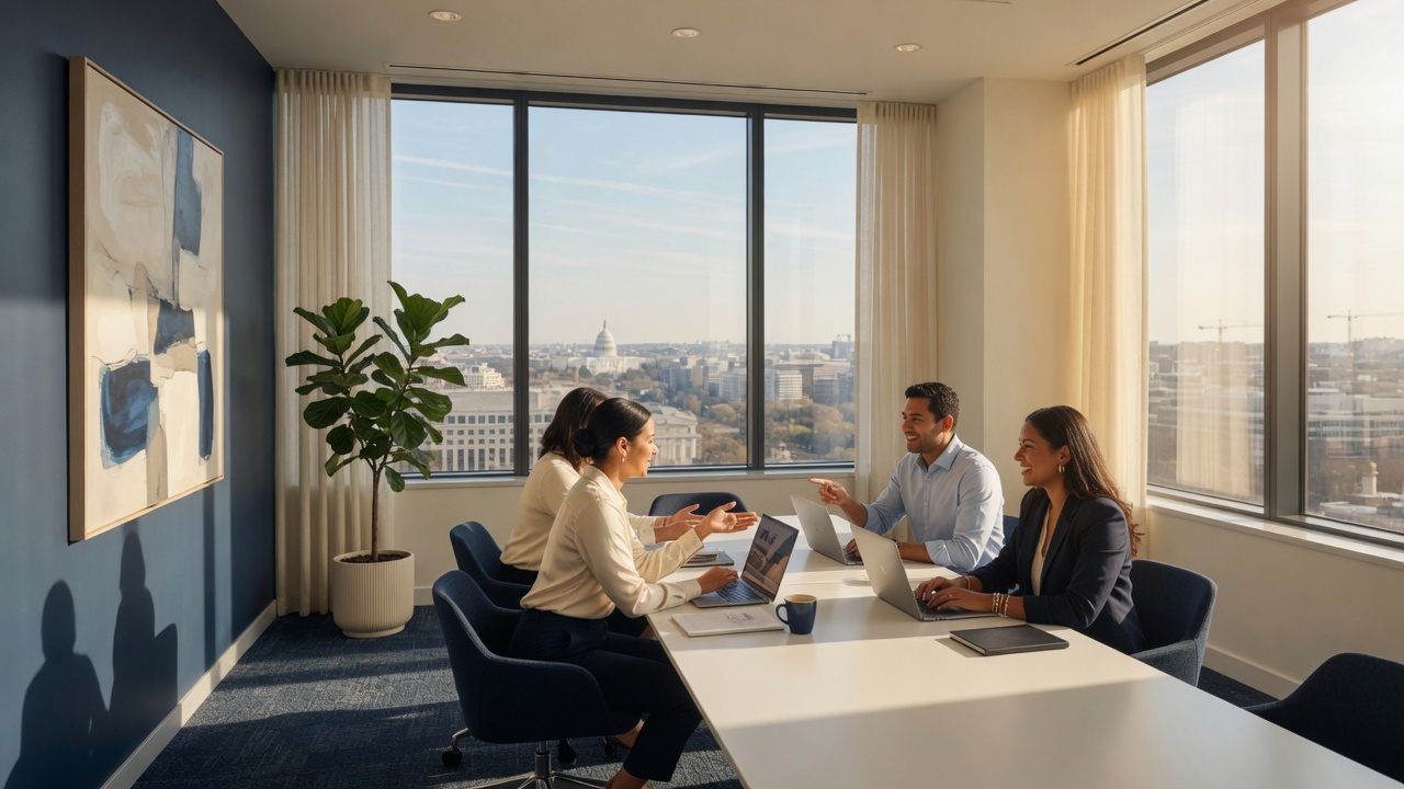 Colleagues talking around a table in a sunlit office overlooking Washington, D.C.